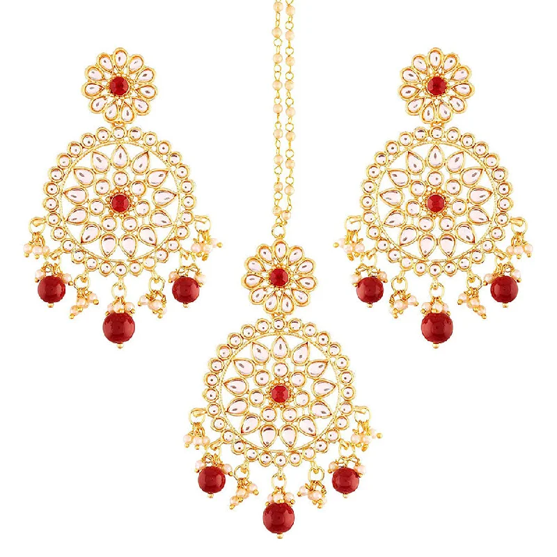 Silver Ear Cuffs-Etnico 18K Gold Plated Traditional Kundan & Pearl Studded Chandbali Earrings With Maang Tikka Set (TE2462M)