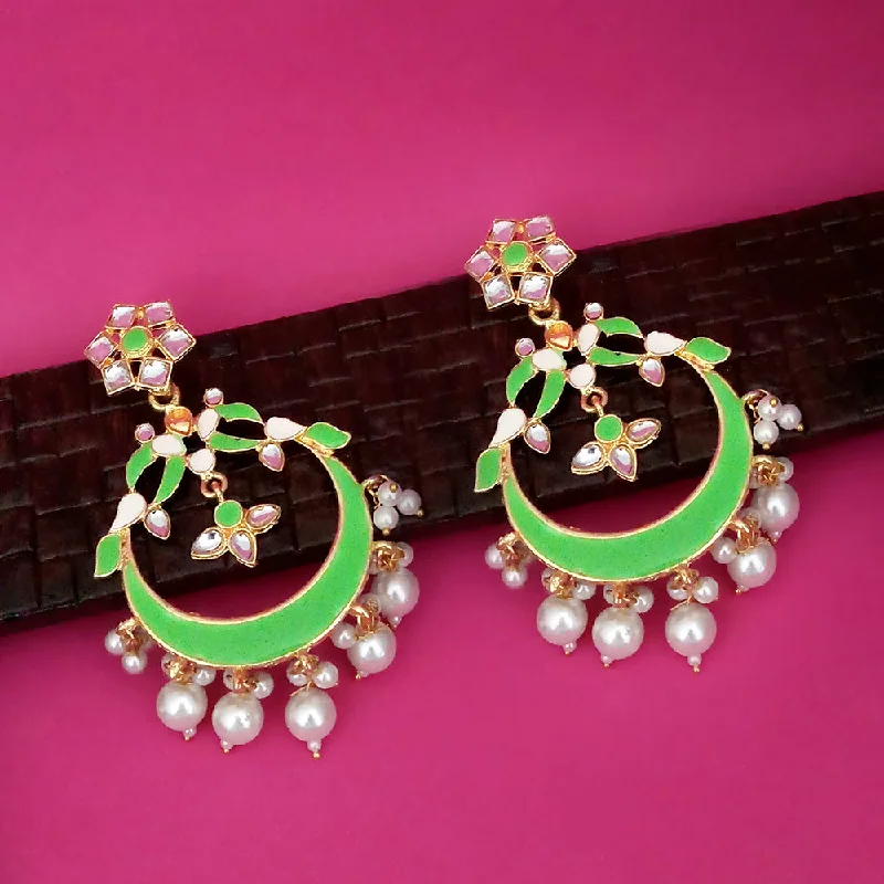 Funky Dangle Earrings-Kriaa Green Meenakari Gold Plated Chandbali Dangler Earrings