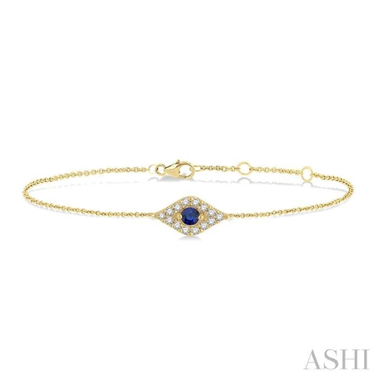 Gold and Leather Bracelets-1/10 Ctw Evil Eye Round Cut Diamond & 2.60MM Round Cut Sapphire  Precious Petite Fashion Bracelet in 10K Yellow Gold