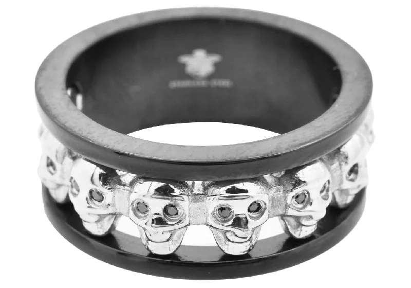 Designer Platinum Rings-Mens Black Stainless Steel Skull Ring