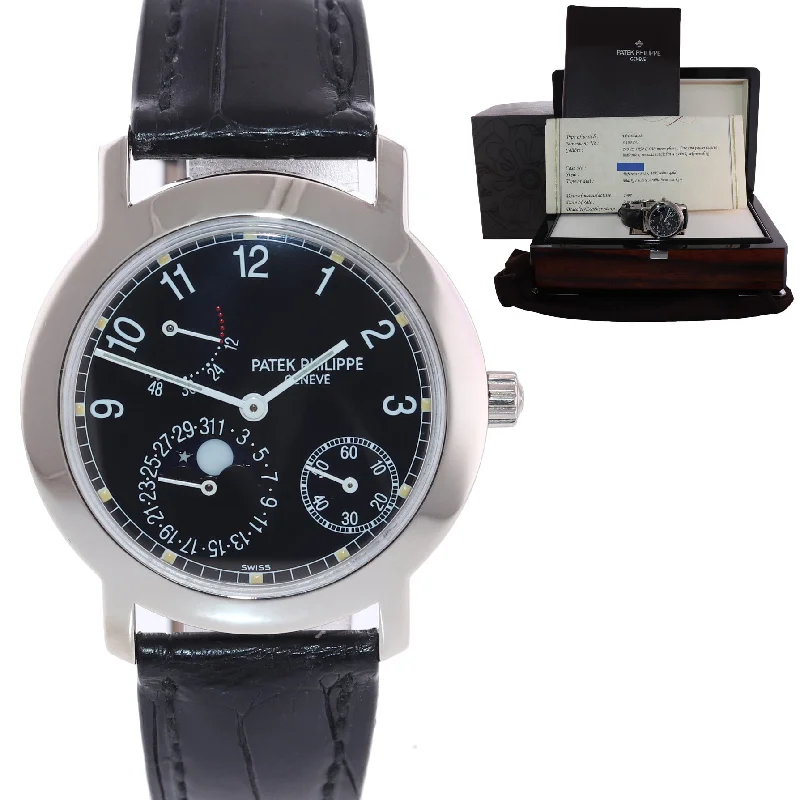 Digital Sports Watches with Step Counter-PAPERS Patek Philippe 5055g White Gold 36mm Moonphase Black Leather Watch