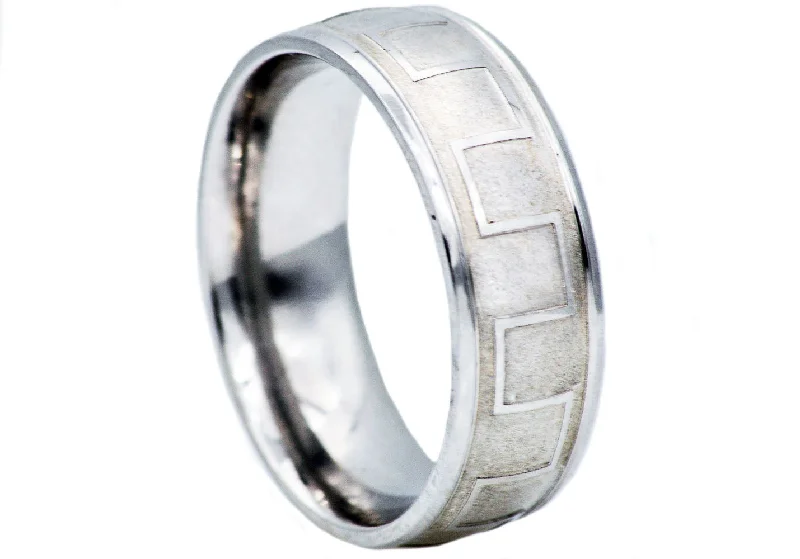 Fashion Rings for Women-Mens Brushed And Polished Stainless Steel Greek Key Band Ring