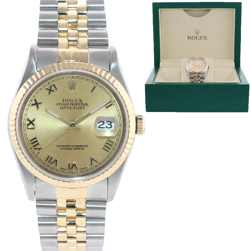 Stylish Chronograph Watches-Rolex DateJust 36mm 16233 Two Tone 18k Gold Jubilee Champagne Roman Watch Box