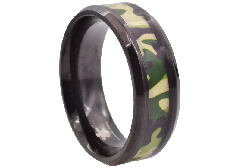 Silver Wedding Rings for Women-Mens Black Stainless Steel Green Camo Band Ring