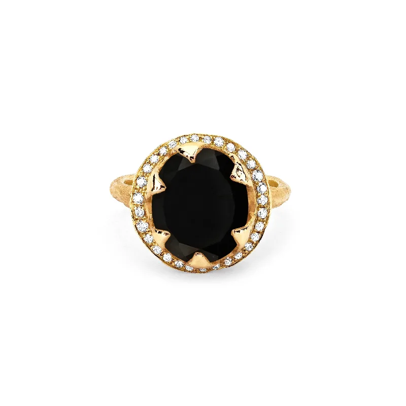 Minimalist Silver Rings-Queen Oval Onyx Ring with Full Pavé Diamond Halo