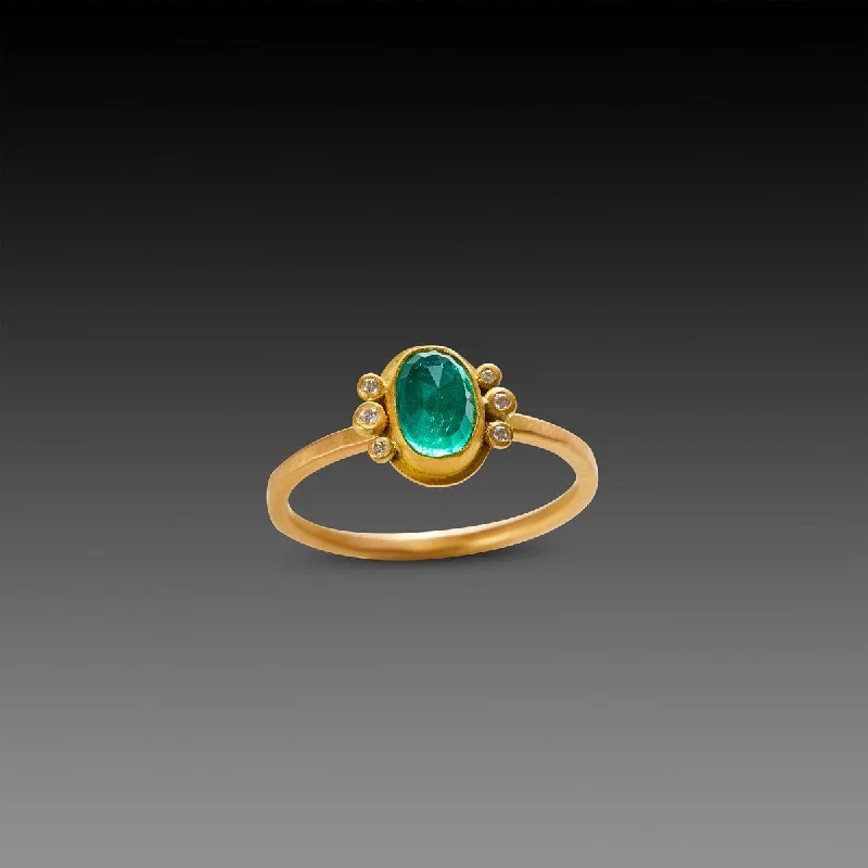 Dainty Gold Rings-Rose Cut Emerald Ring with Diamond Trios