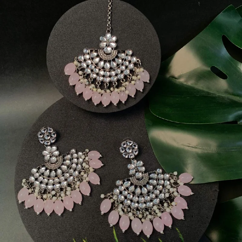 Swarovski Crystal Earrings-Etnico Ethnic Stylish Silver Oxidised Kundan Pearl Chandbali Earrings With Maang Tikka Set For Women And Girls (TE3106ZPi)