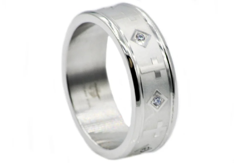 Vintage Wedding Rings with Diamonds-Mens Stainless Steel Cross Band With Cubic Zirconia