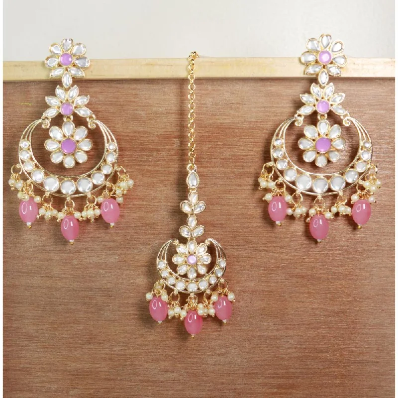 Multi-Layered Earrings-Etnico Gold Plated Traditional Kundan & Pearl Chandbali Earrings with Maang Tikka Set for Women/Girls (TE3023Pi)