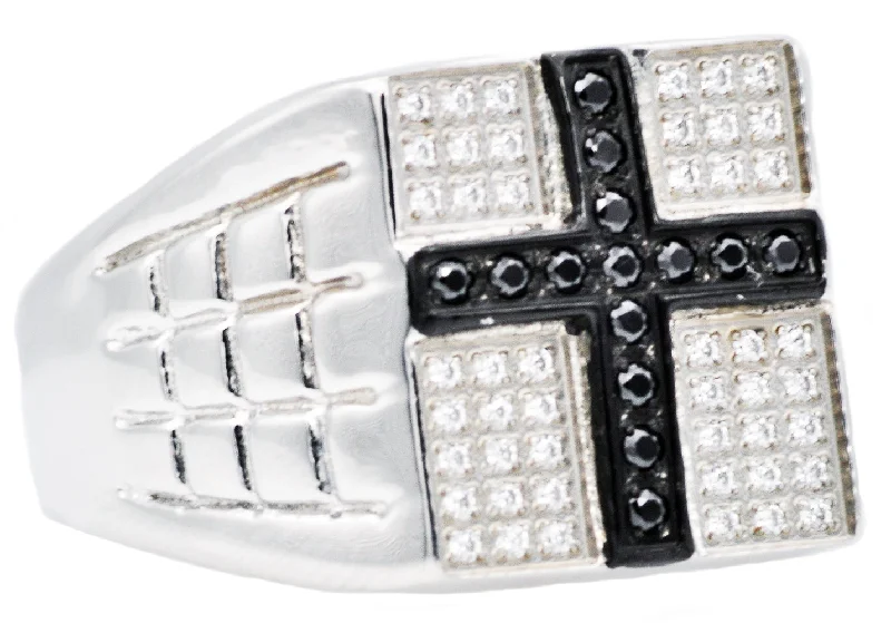 Classic Silver Rings-Mens Stainless Steel Cross Ring With White And Black Cubic Zirconia