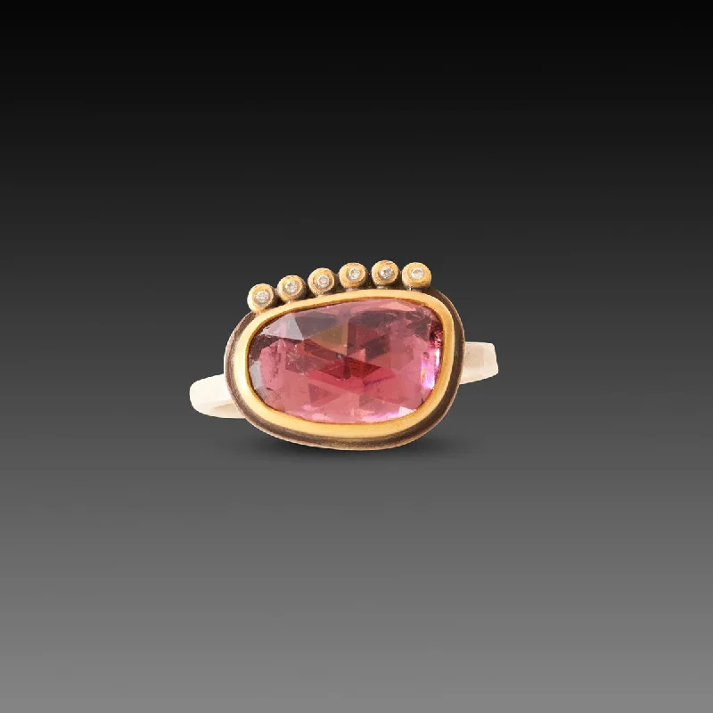 Luxury Gold Wedding Bands-Pink Tourmaline Ring with Diamond Line