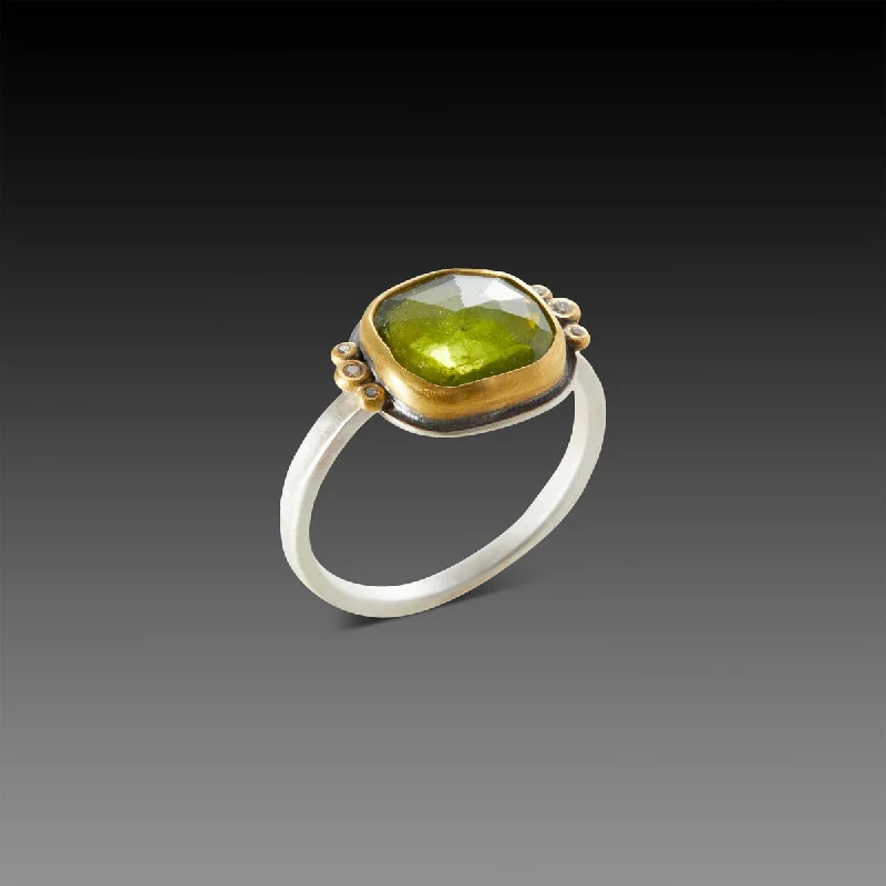 Custom Rings with Birthstones-Vesuvianite Ring with Diamond Trios