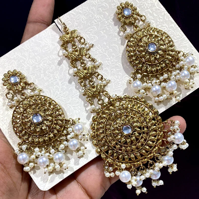 Fashionable Gold Earrings-Rani Sati Jewels Gold Plated Pearl Dangler Earrings With Mangtikka