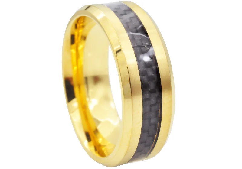 Unique Wedding Band Sets-Mens Black Carbon Fiber And Gold Stainless Steel 8mm Band Ring