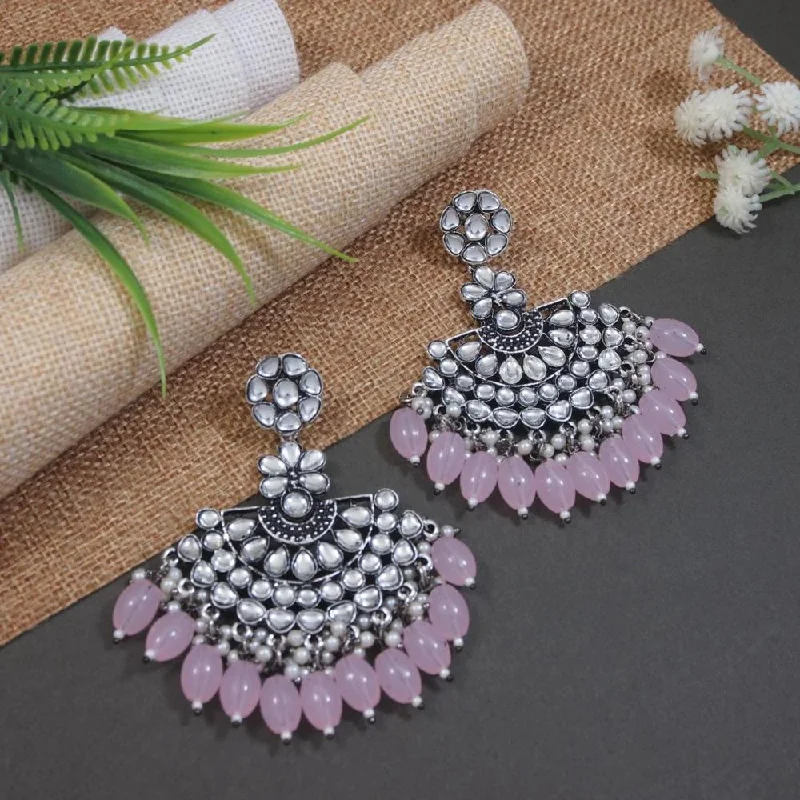 Natural Gemstone Earrings-Etnico Silver Oxidised Kundan & Pearl Chandbali Earrings For Women (E3106ZPi)