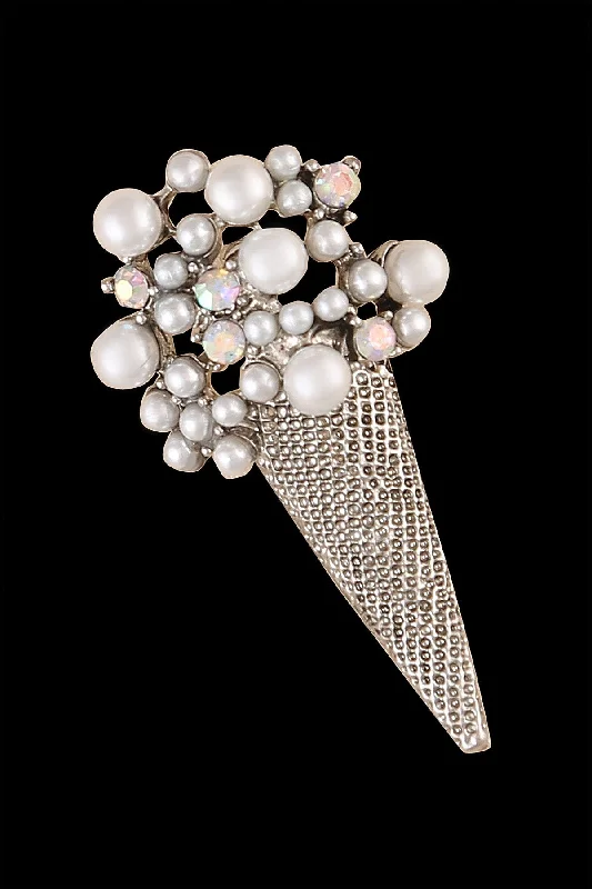 Luxury Gold Brooch for Weddings-Antique Silver Pearl & Diamond Bouquet Beautiful Brooch Pin