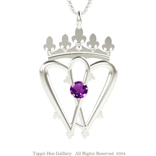 Vintage Style Necklaces-Scottish Highland Traditional Luckenbooth Necklace in White Gold with Amethyst