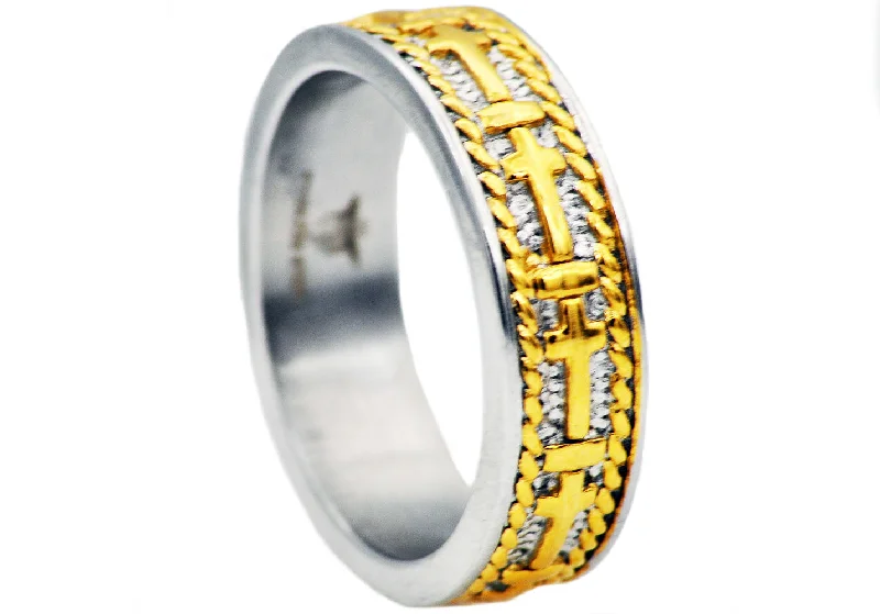 Silver Wedding Rings for Men-Mens Gold Stainless Steel Cross Band