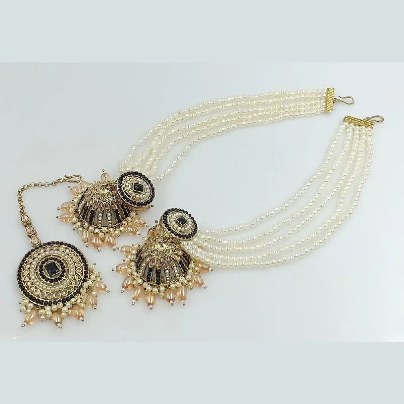 Handcrafted Earrings-Rani Sati Jewels Gold Plated Pearl Kan Chain Jhumki Earrings With Mangtikka