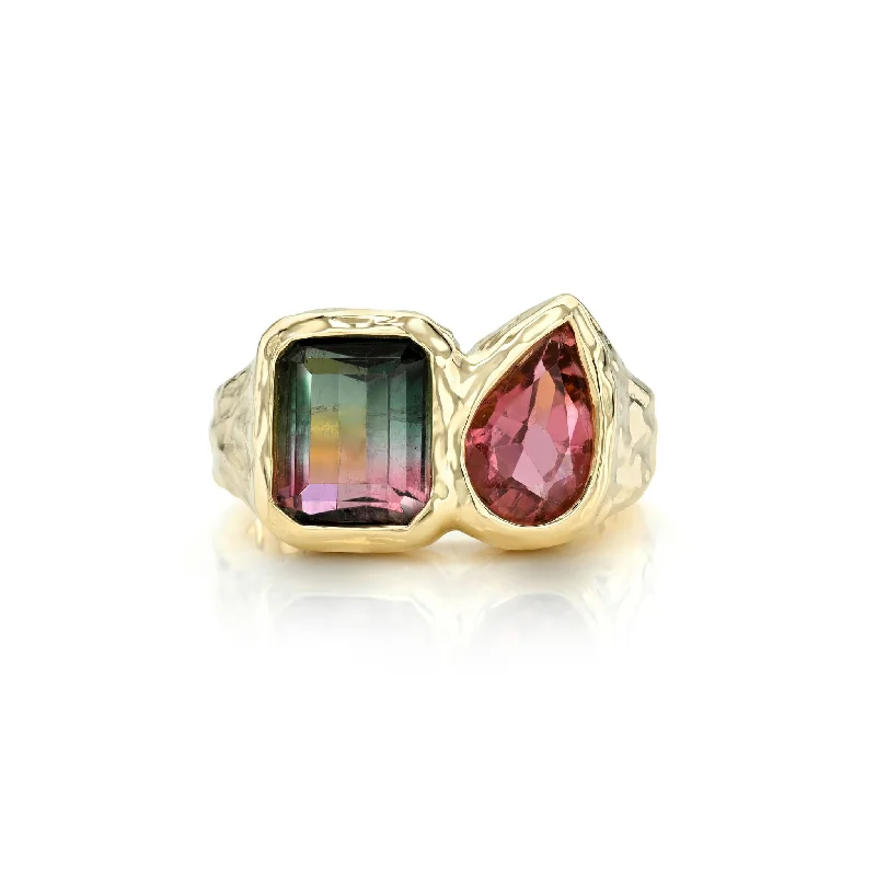 Emerald-Cut Diamond Rings-Toi Et Moi River Watermelon Tourmaline and Tourmaline Ring