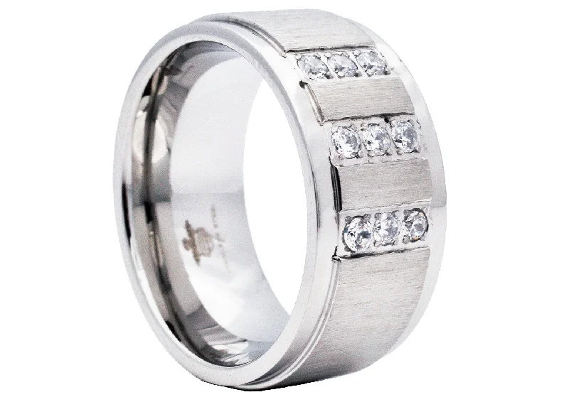 Birthstone Stackable Rings-Mens 10mm Brushed Stainless Steel Ring With Cubic Zirconia