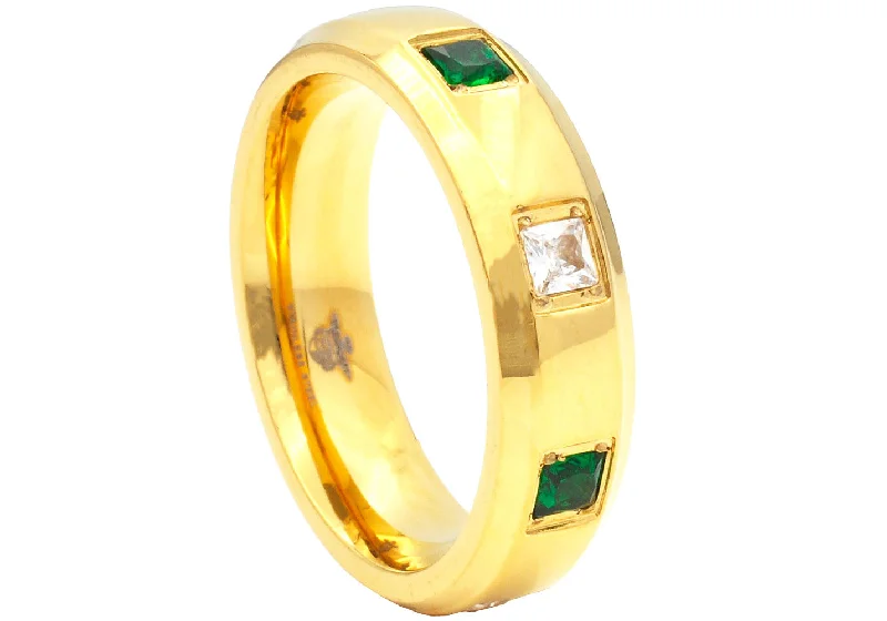 Unique Wedding Bands-Mens Gold Stainless Steel Ring With Green and White Square Cubic Zirconia