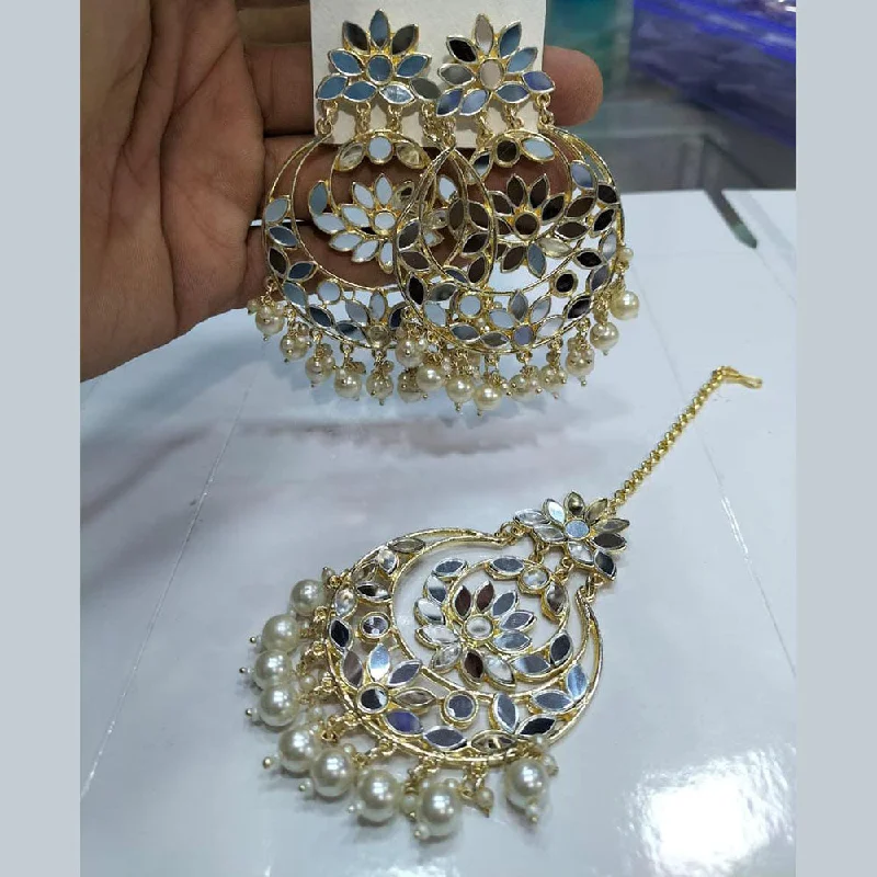 Sparkling Crystal Earrings-Manisha Jewellery Gold Plated Mirror Earrings With Maangtikka