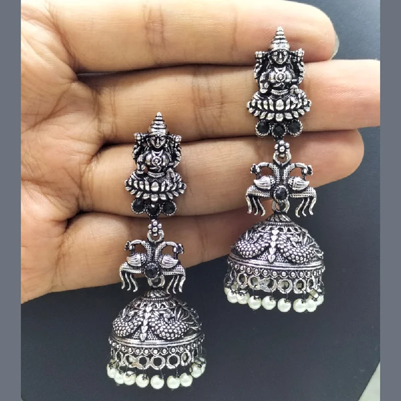 Silver Threader Earrings-FS Collection Oxidised Plated Pota Stone Temple Dangler Earrings