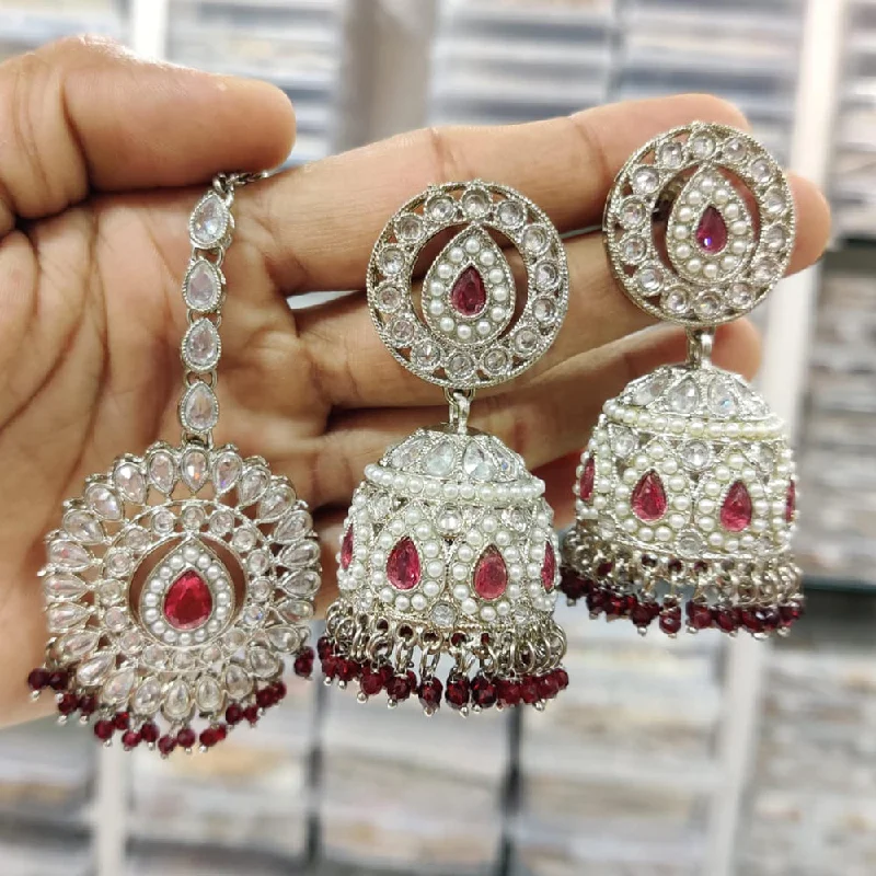 Geometric Gold Earrings-Pooja Bangles Silver Plated Crystal And Pearl Jhumki With Maangtikka