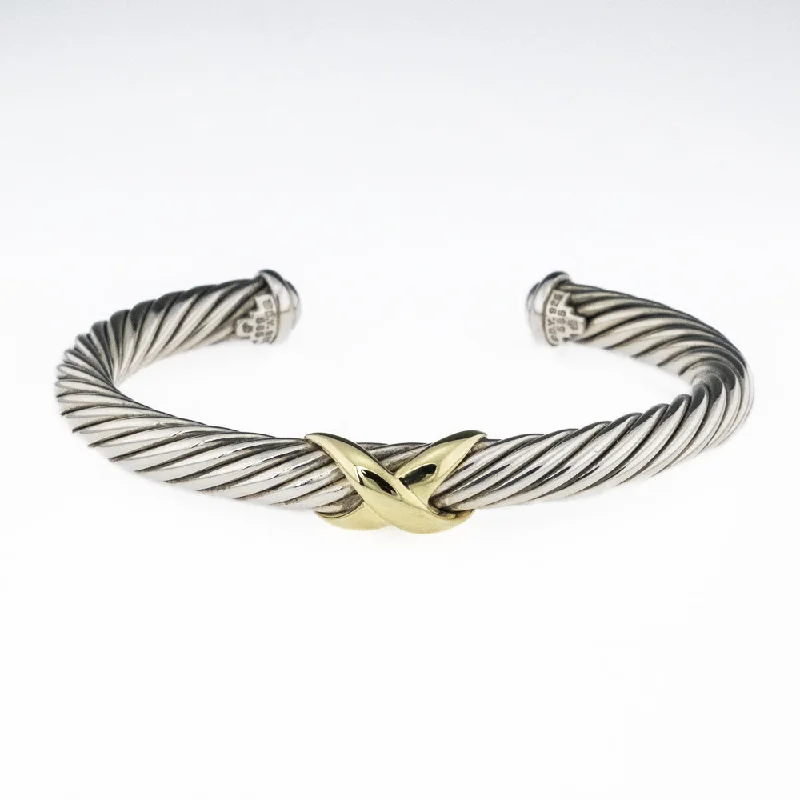 Colorful Leather Bracelets-David Yurman, 14K Yellow Gold & Sterling Silver 7mm Wide X Cable Bracelet