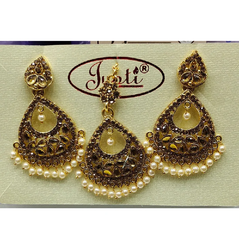 Gold Wire Earrings-Tip Top Jewellers Gold Plated Austrian Stone And Pearl Earrings With Mangtikka