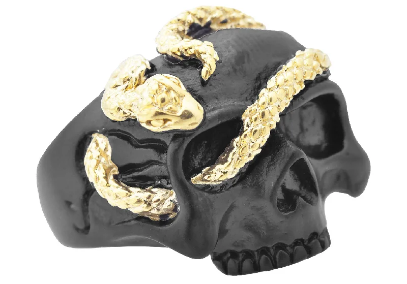 Classic Engagement Rings for Women-Mens Black And Gold Stainless Steel Skull And Snake Ring