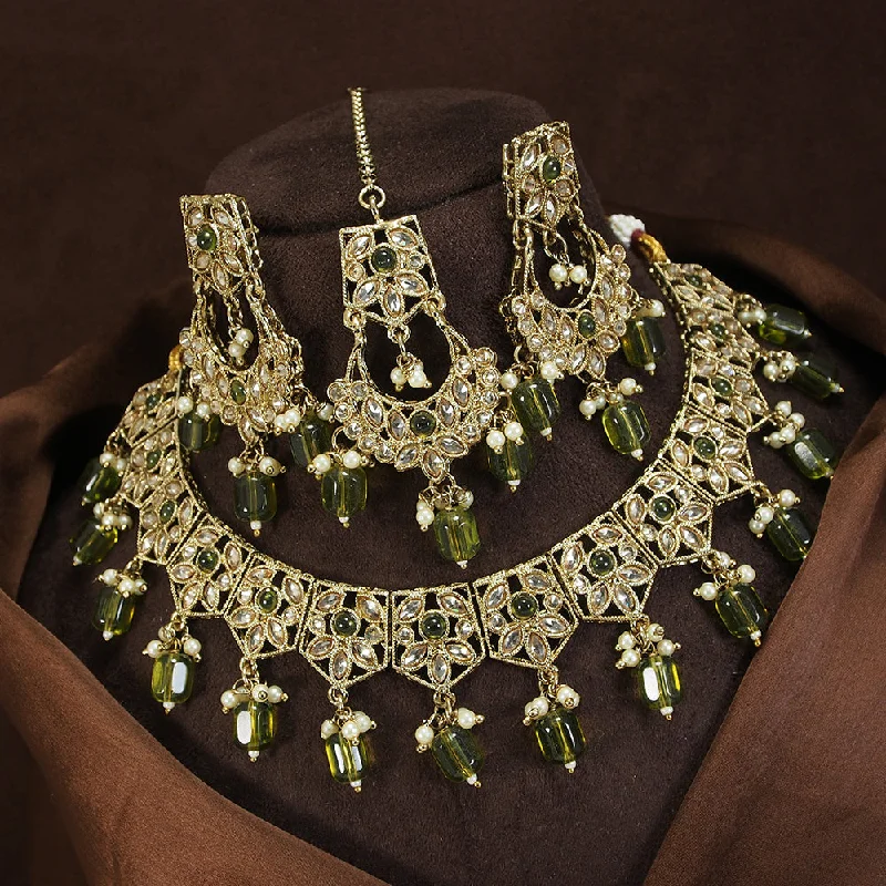 Cute Charm Necklaces-LALSO Antique Gold plated Necklace Jewelry Set With Maangtika