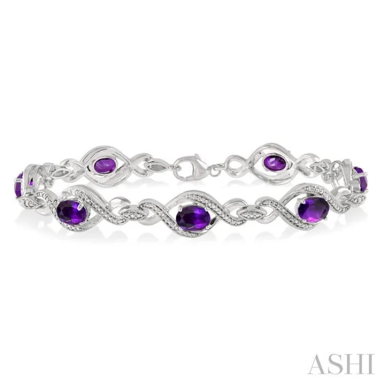 Modern Gemstone Charm Bracelets-1/10 Ctw Round Cut Diamond & 7x5MM Oval Cut Amethyst Semi Precious Bracelet in Sterling Silver