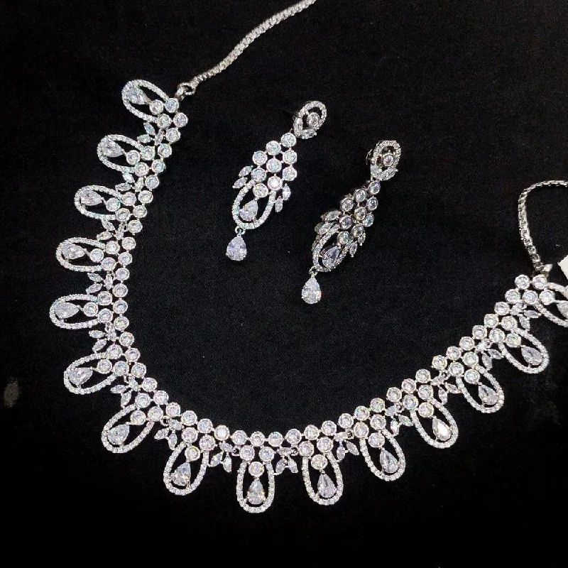 Dainty Silver Necklaces-Akruti Collection Silver Plated AD Stone Necklace Set