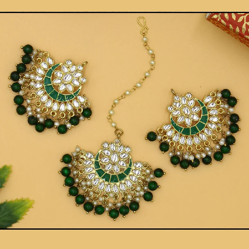 Sparkling Drop Earrings-Mahavir Gold Plated Earrings & Maangtika Combo