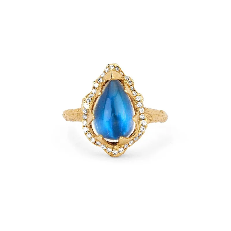 Blue Diamond Rings-Baby Queen Water Drop Blue Sheen Moonstone Ring with Full Pavé Halo