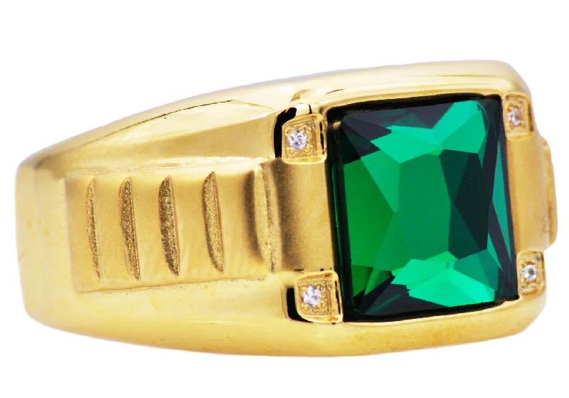 Luxury Engagement Rings for Women-Mens Genuine Green Spinel And Gold Stainless Steel Ring With Cubic Zirconia