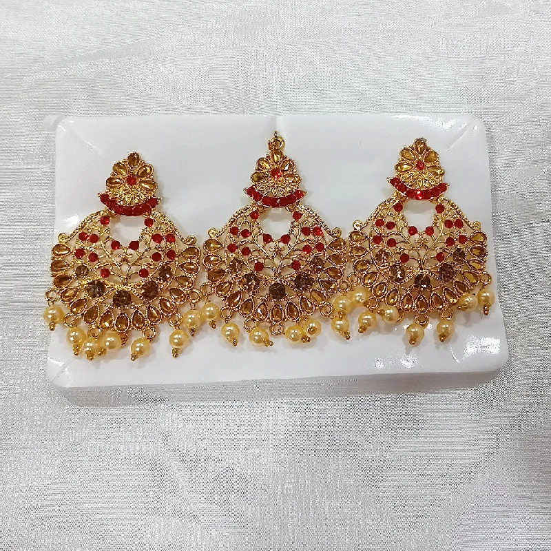 Cheap Fashion Earrings-Darshan Gold Plated Red Austrian Dangler Earrings With Maang tikka