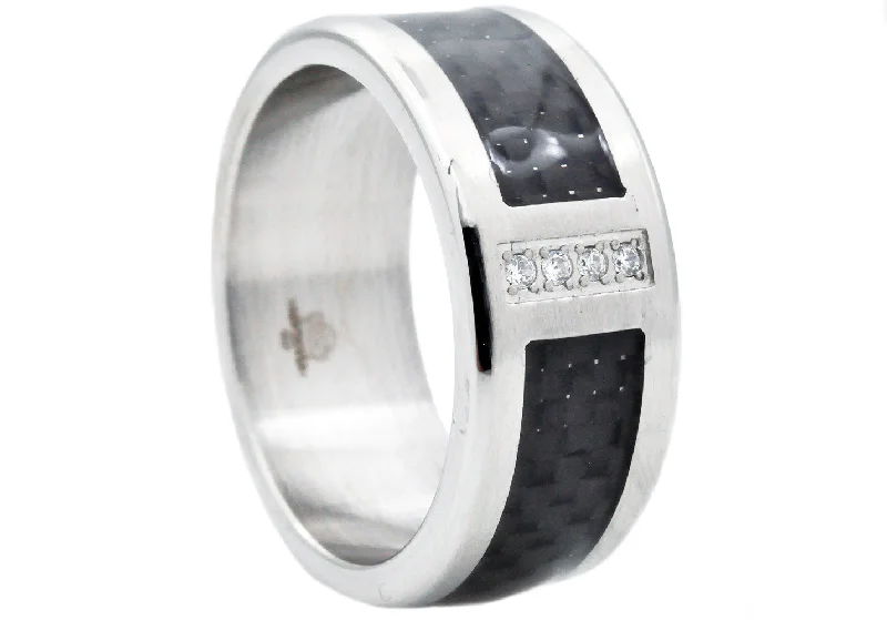 Personalized Couple Rings-Mens Stainless Steel And Carbon Fiber Ring With Cubic Zirconia