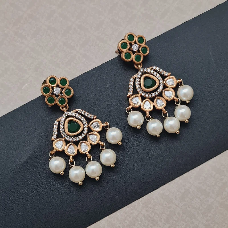 Vintage Boho Earrings-Vivah Creations Gold Plated Polki Kundan And Pearl Dangler Earrings