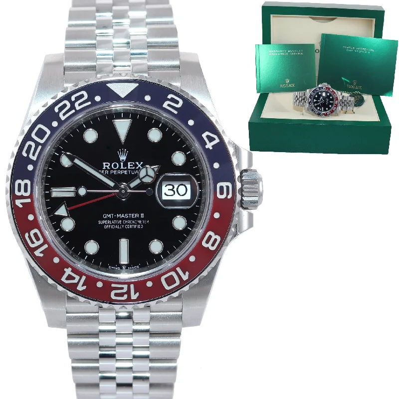 Women’s Rose Gold Watches-MINT 2021 Rolex GMT Master PEPSI Red Blue Ceramic 126710 BLRO Watch Box