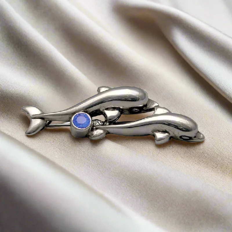 Handmade Floral Brooch-Minoan Zircon Dolphins Brooch in sterling silver with zircon (K-67)