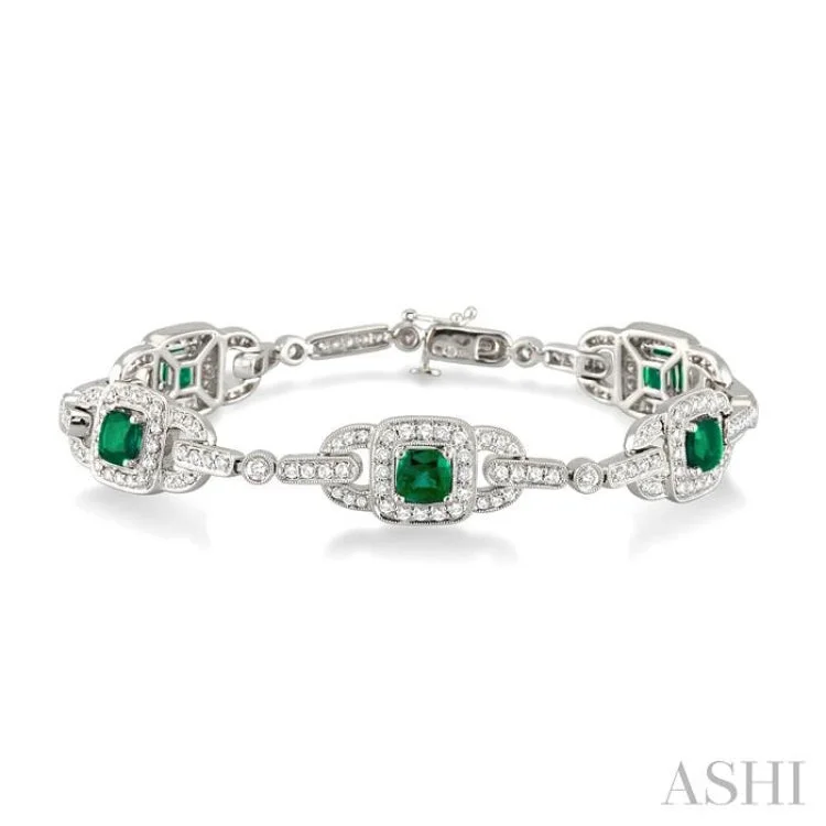 Customizable Leather Bracelets-5x5mm Cushion Cut Emerald and 2 Ctw Round Cut Diamond Bracelet in 14K White Gold