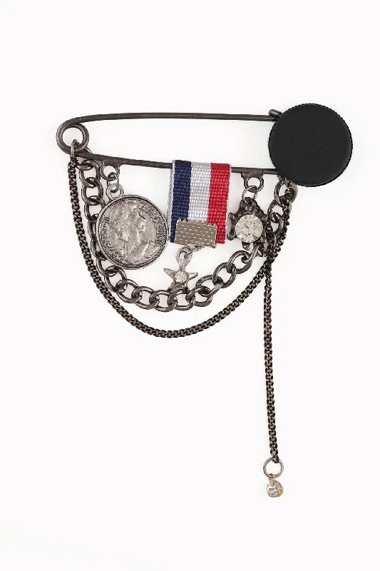 Fashionable Rhinestone Brooch-Elegant Flag and Coin Chain Hanging Safety Pin Brooch