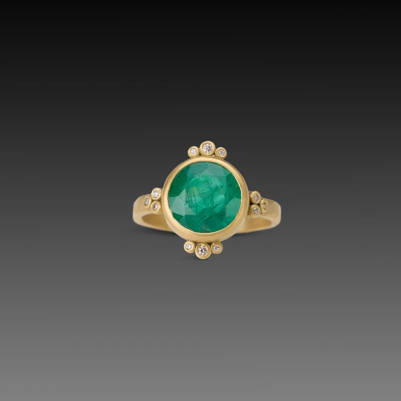 Yellow Diamond Rings-Round Emerald Ring With Diamond Trios