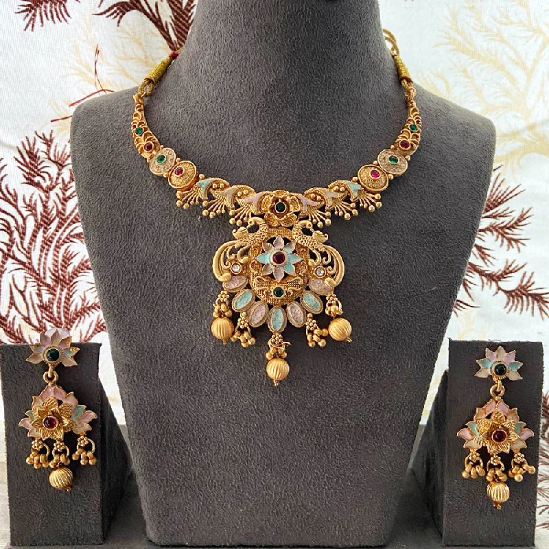 Classic Choker Necklaces-India Art Gold Plated Pota Stone And Beads Necklace Set