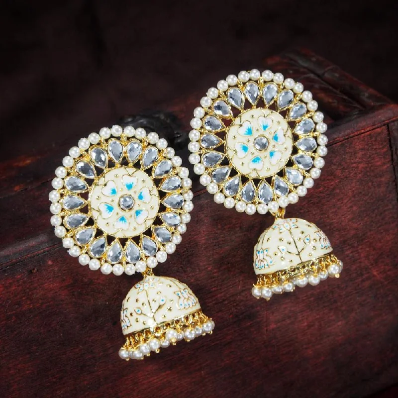 Natural Stone Earrings-Etnico Gold Plated Traditional Meenakari Kundan & Pearl Jhumka Earring for Women (E2917CBL)