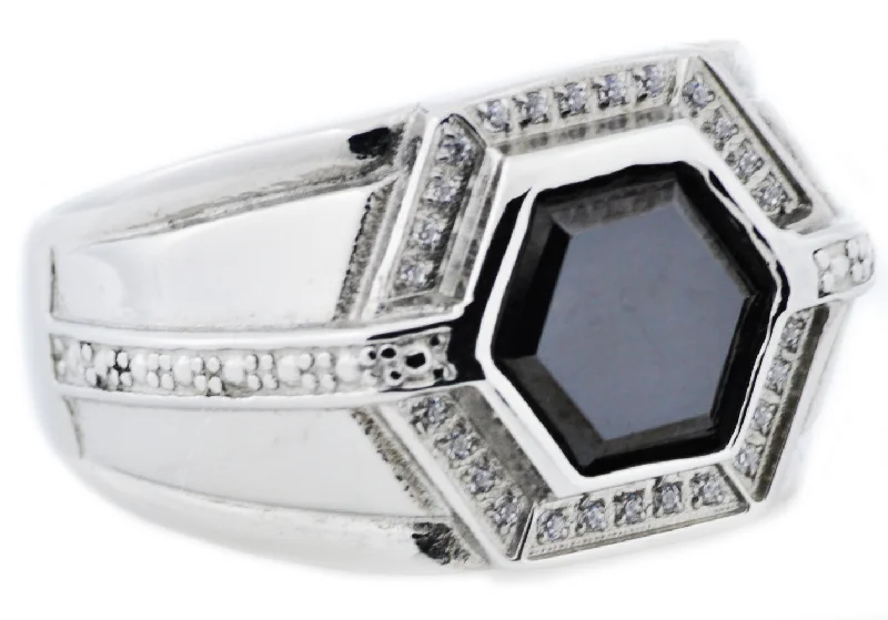 Silver Wedding Rings for Women-Mens Onyx And Stainless Steel Ring With Cubic Zirconia