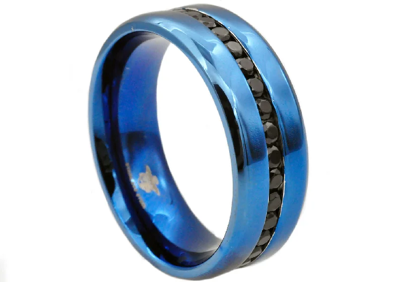 Elegant Ruby Rings-Mens Blue Stainless Steel Band With Black Cubic Zirconia